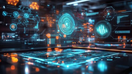 Fototapeta premium Futuristic Sci Fi Interface with Holographic Display and Glowing Circuitry