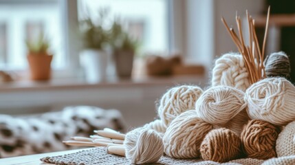 A carefully set up knitting and crochet workshop, Yarn and needles arranged for textile artistry, Handcrafted fiber style