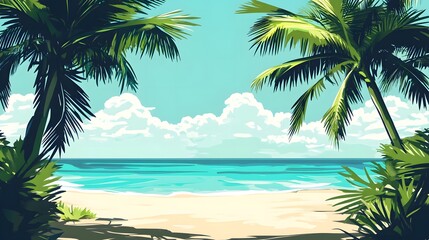 Fototapeta premium A serene beach scene with palm trees and a clear blue sky, evoking relaxation and tranquility.