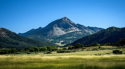 A serene mountain landscape under a clear blue sky, showcasing nature's beauty.