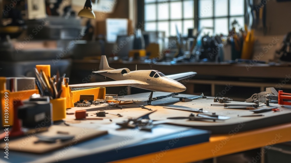 Aufkleber a carefully set up model airplane workshop, scale models and tools arranged for precision building, 