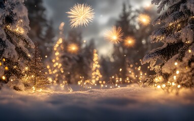A serene winter scene features glowing trees, sparkling lights, and snow, creating a magical holiday atmosphere.