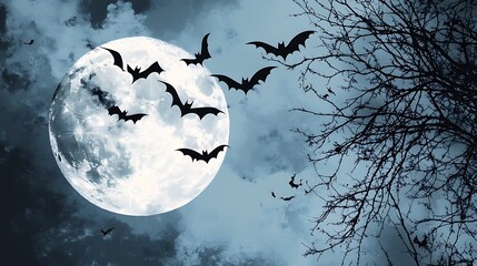 A spooky night scene featuring a full moon and bats flying against a cloudy sky.
