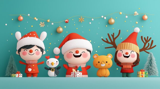 Festive characters celebrate in Christmas attire with gifts and decorations.
