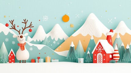 Festive winter scene with a cheerful reindeer, snow-covered mountains, and holiday houses.