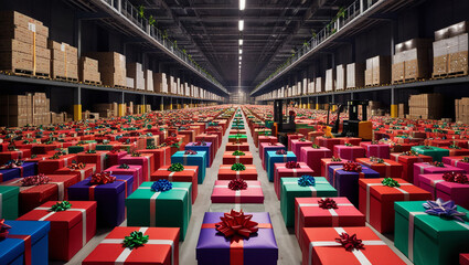 Warehouse filled with holiday packages, representing the peak season in logistics and distribution.