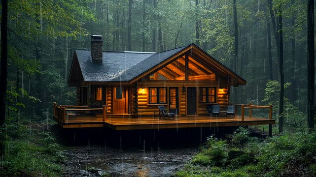 A cozy log cabin in a lush forest, illuminated by warm lights amidst a rainy atmosphere. Seamless looping 4k video animation background 