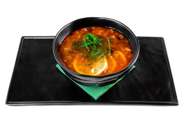 Russian soup Solyanka on white background
