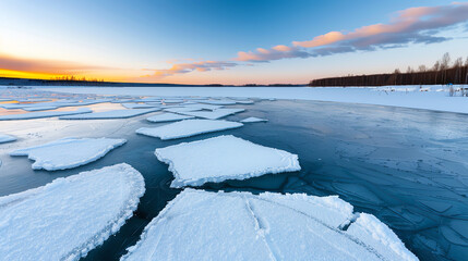 Naklejka premium Frozen lake with ice formations at sunset, scenic winter view.
