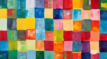 Abstract colorful background painted with oil on canvas, with textured brushstrokes and square shapes.
