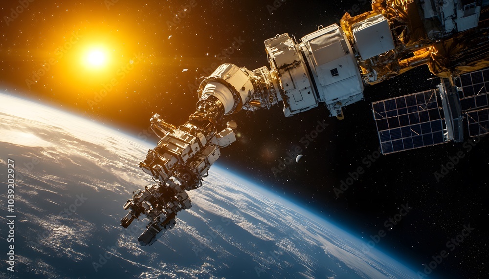 Poster a breathtaking view of a space station arm extending toward earth, illuminated by the warm glow of a