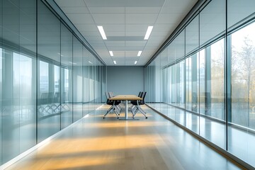 Modern conference room with glass walls and a long table, designed for meetings.