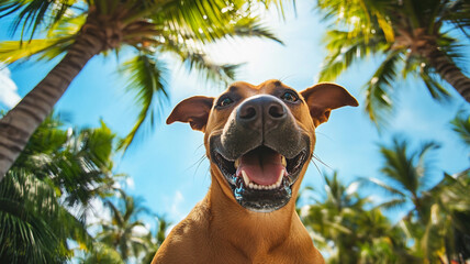 Happy dog enjoying a sunny day among palm trees on a tropical beach