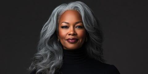 Fototapeta premium A beautiful African American woman with long gray hair wearing a black turtleneck, generative AI