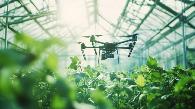 An agricultural drone swarm pollinating crops in a vast greenhouse, lush green plants and high-tech farming equipment, Pollination robotics style
