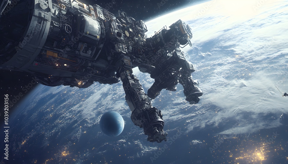 Poster a futuristic spacecraft or space station orbits earth, showcasing intricate designs and mechanical d
