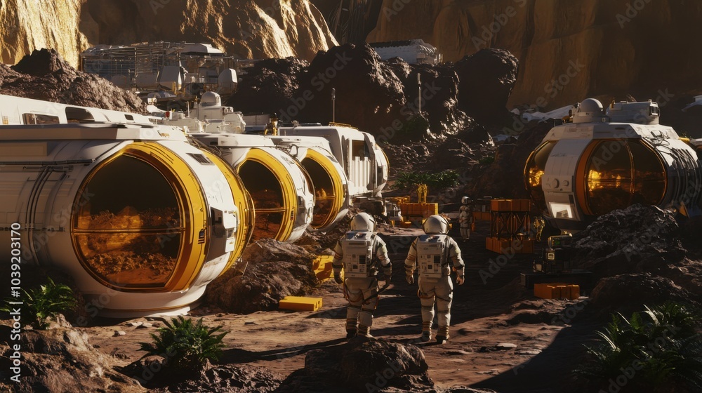 Poster A collaborative space exploration mission with astronauts constructing habitats on Mars using modular blocks, Blocks arranged for Martian habitat construction, Space colonization style