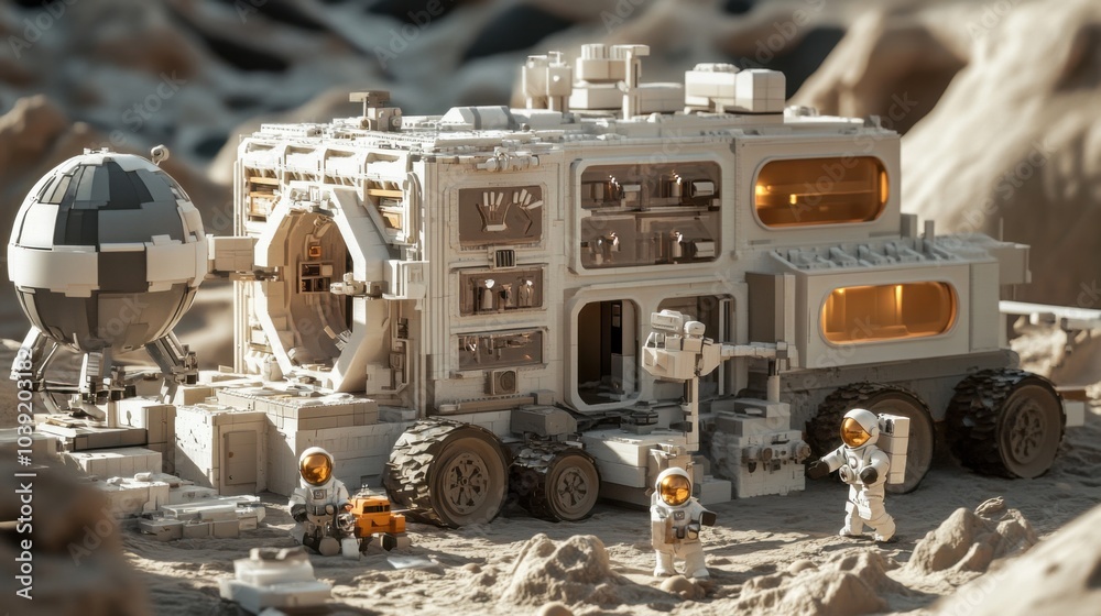 Aufkleber A collaborative space exploration mission with astronauts constructing habitats on Mars using modular blocks, Blocks arranged for Martian habitat construction, Space colonization style