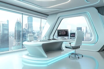 Modern office interior with futuristic design and city view.