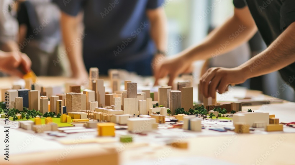 Poster a collaborative urban planning workshop with architects designing sustainable city models using bloc