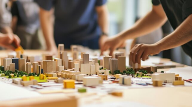 A collaborative urban planning workshop with architects designing sustainable city models using blocks, Blocks arranged for urban planning simulations, Sustainable city style
