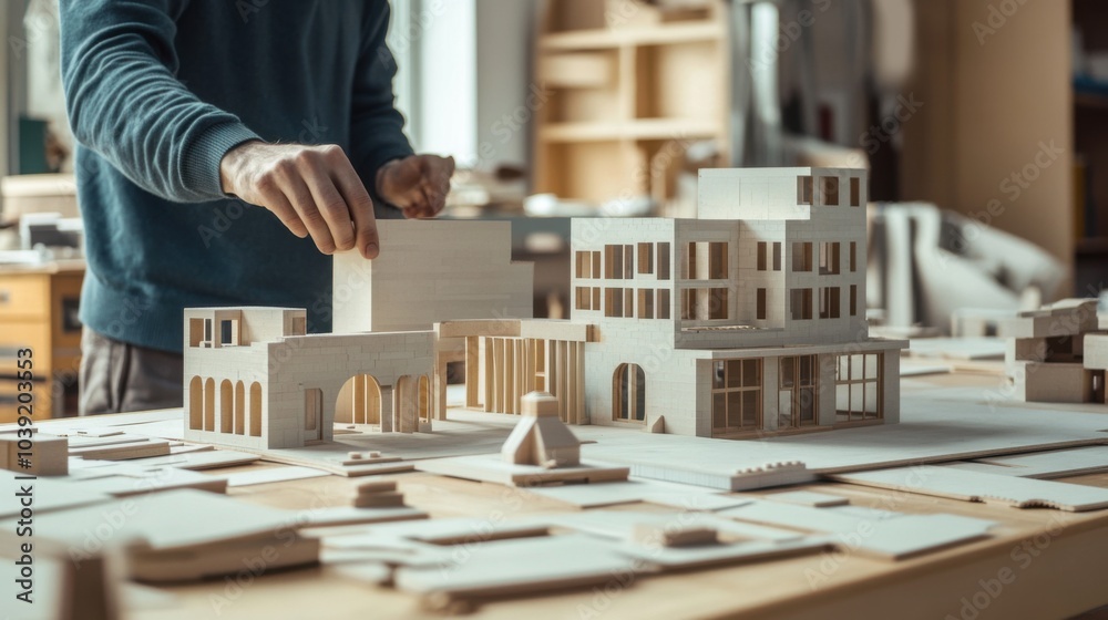 Aufkleber A collaborative workshop with architects building a scale model using blocks, Blocks arranged in architectural structures, Design studio style
