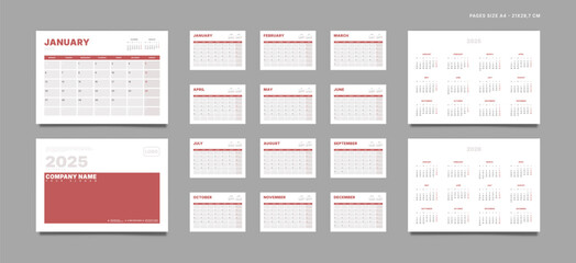 Set of 2025 Pages Monthly Calendar Planner Templates, Cover with Place for Photo, Company Logo, Annual. Design of Vector layout Calendar Pages size A4-21x29.7 cm in for print. Week start on Monday