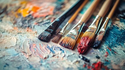 Fototapeta premium A contemplative painting session in an artist's studio, Paintbrushes and palettes arranged with artistic flair, Expressionist style