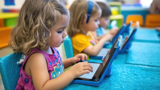 Children using tablets and technology in a preschool classroom to enhance their learning experience
