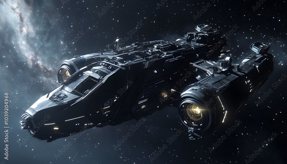 Poster a futuristic spaceship navigates the vastness of space, illuminated by distant stars, showcasing adv