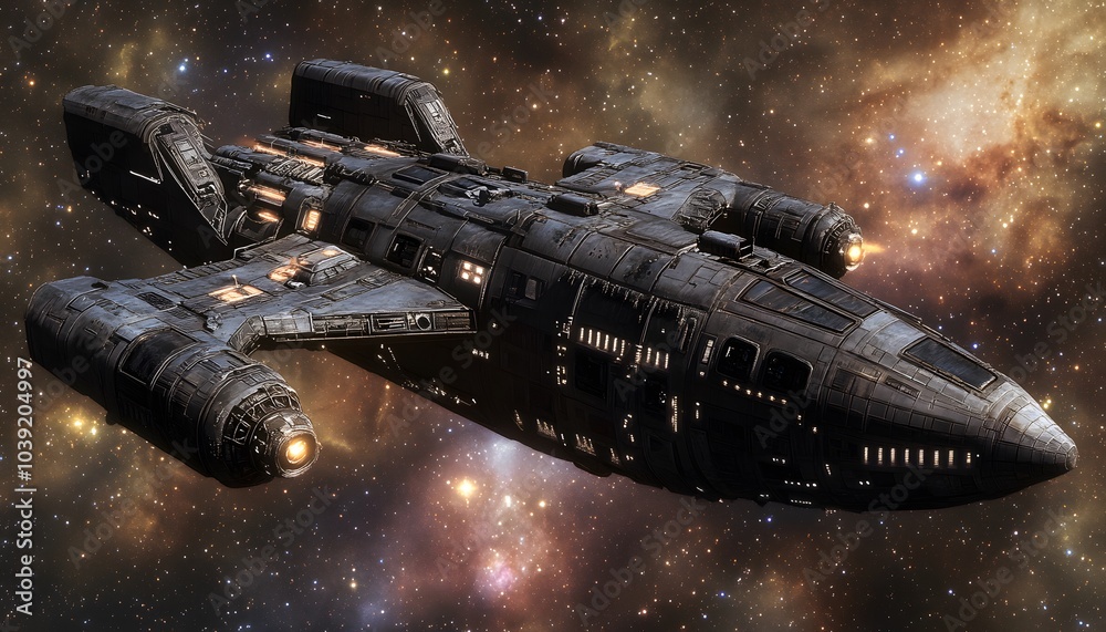 Poster a futuristic spaceship glides through a vibrant cosmic space, adorned with stars and nebulae, showca