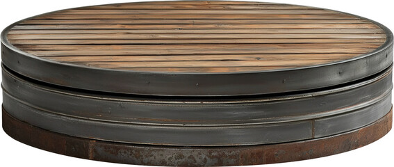 Round wooden table with metal base