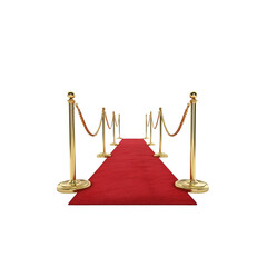3D illustration of a red carpet with golden stanchion ropes in front of it, against a white background,