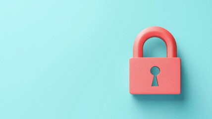 Fototapeta premium A minimalistic image featuring a coral-colored padlock against a light blue background, representing security and protection.