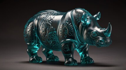 Fototapeta premium A teal glass rhinoceros sculpture with an intricate floral pattern.