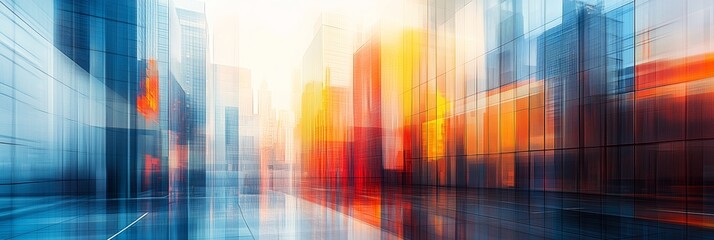 A modern abstract background featuring an array of glass buildings, reflecting light and creating a vibrant color palette
