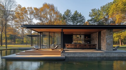 Obraz premium A modernist bar pavilion with an open concept interior, situated on the edge of a lake