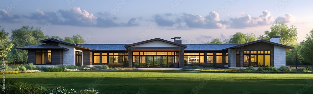 Poster a modern house with large windows set in a lush landscape, showcasing contemporary architecture and 