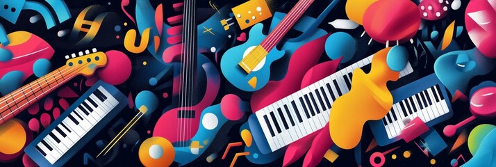 A vibrant and colorful illustration of various musical instruments, such as guitars, drums, piano keys, and bass brunette, arranged in an abstract pattern on the background.