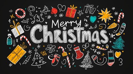 Festive Christmas doodles with gifts, trees, and holiday elements on a black background.