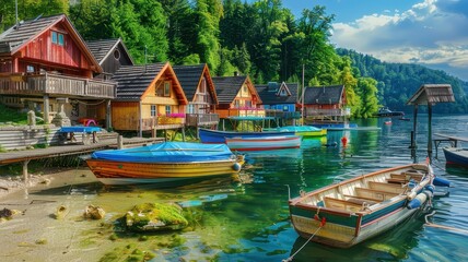 Obraz premium Wooden houses on the shore of Lake Bled, Slovenia.