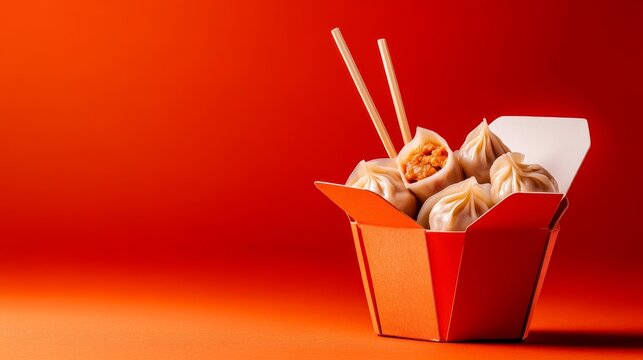 Delicious dumplings in a red takeout box with chopsticks, vibrant orange background.