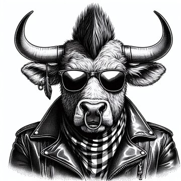 punk bull with a mohawk, in sunglasses, nose ring, and a leather jacket, drawn in an engraving sketch