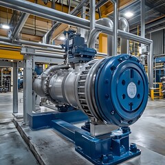 Fototapeta premium A large centrifugal water pump in operation, with a robust blue body, connected to steel piping running through the factory floor.