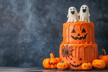 Halloween cake with ghost decorations and pumpkins on a dark background.