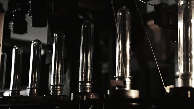 PET bottle blow molding machine forming plastic bottles from preforms.