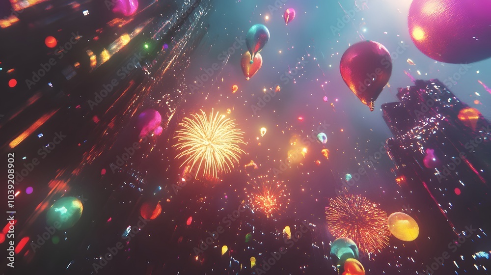 Poster a vibrant scene of colorful balloons and fireworks against a shimmering background, creating a festi
