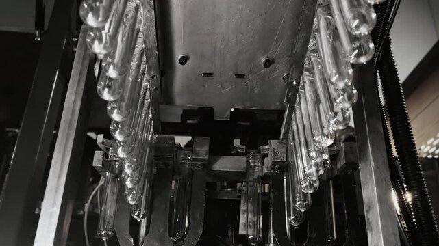 PET bottle blow molding machine forming plastic bottles from preforms.