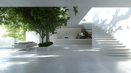 Fototapeta premium A modern house with trees growing inside white wall