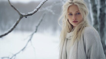 A young woman with long, blonde hair stands in a snowy forest, her eyes looking directly at the camera.